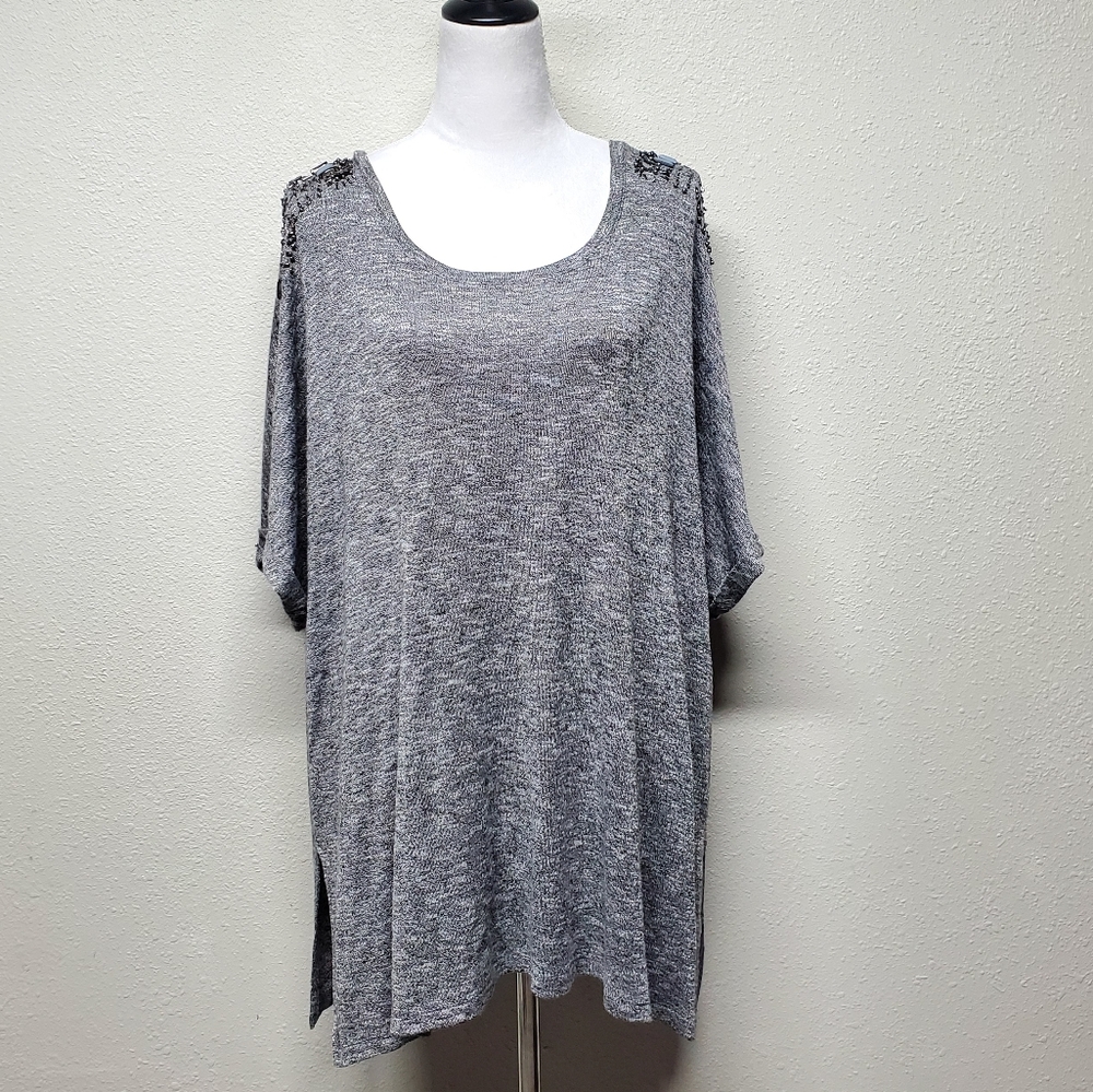 Lane Bryant Gray Beaded Short Sleeve Top Size 26 28